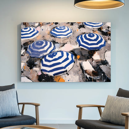 blue striped umbrellas beach wall art with abstract style