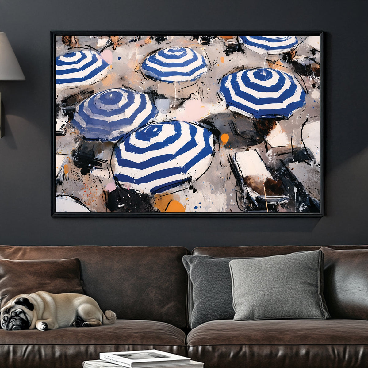 blue striped umbrellas beach wall art with abstract style