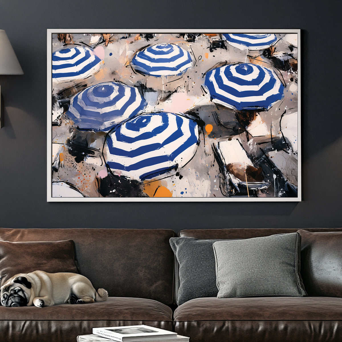 blue striped umbrellas beach wall art with abstract style
