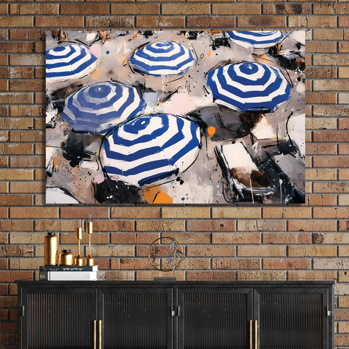 blue striped umbrellas beach wall art with abstract style