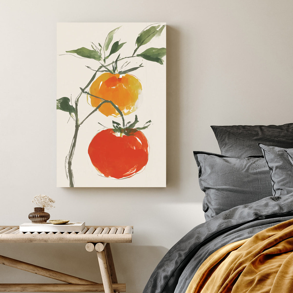 minimal tomato plant wall art with soft brush strokes