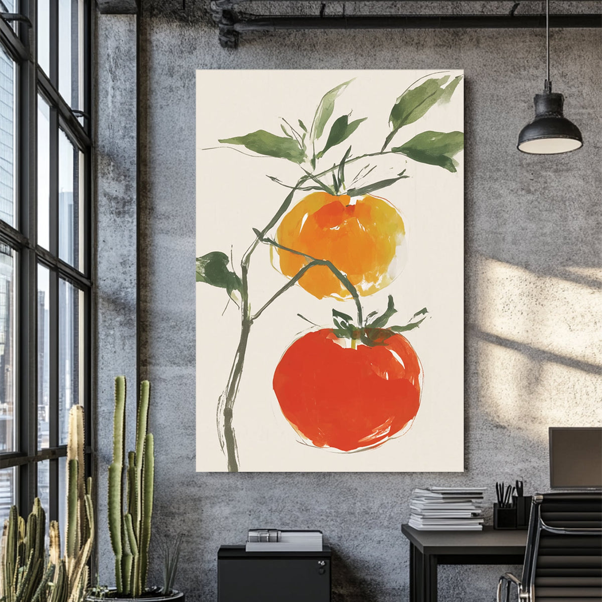 minimal tomato plant wall art with soft brush strokes