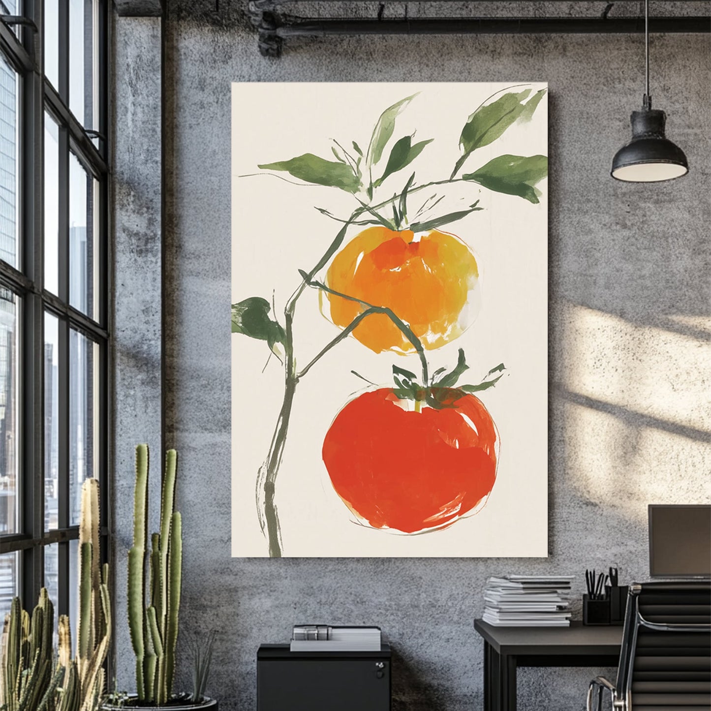 minimal tomato plant wall art with soft brush strokes