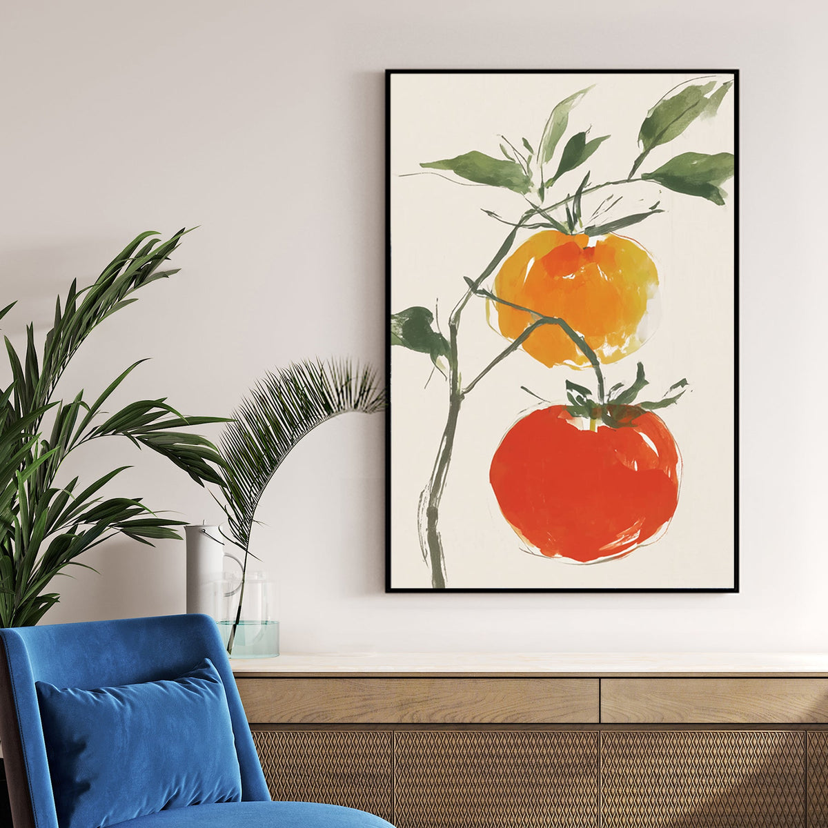 minimal tomato plant wall art with soft brush strokes