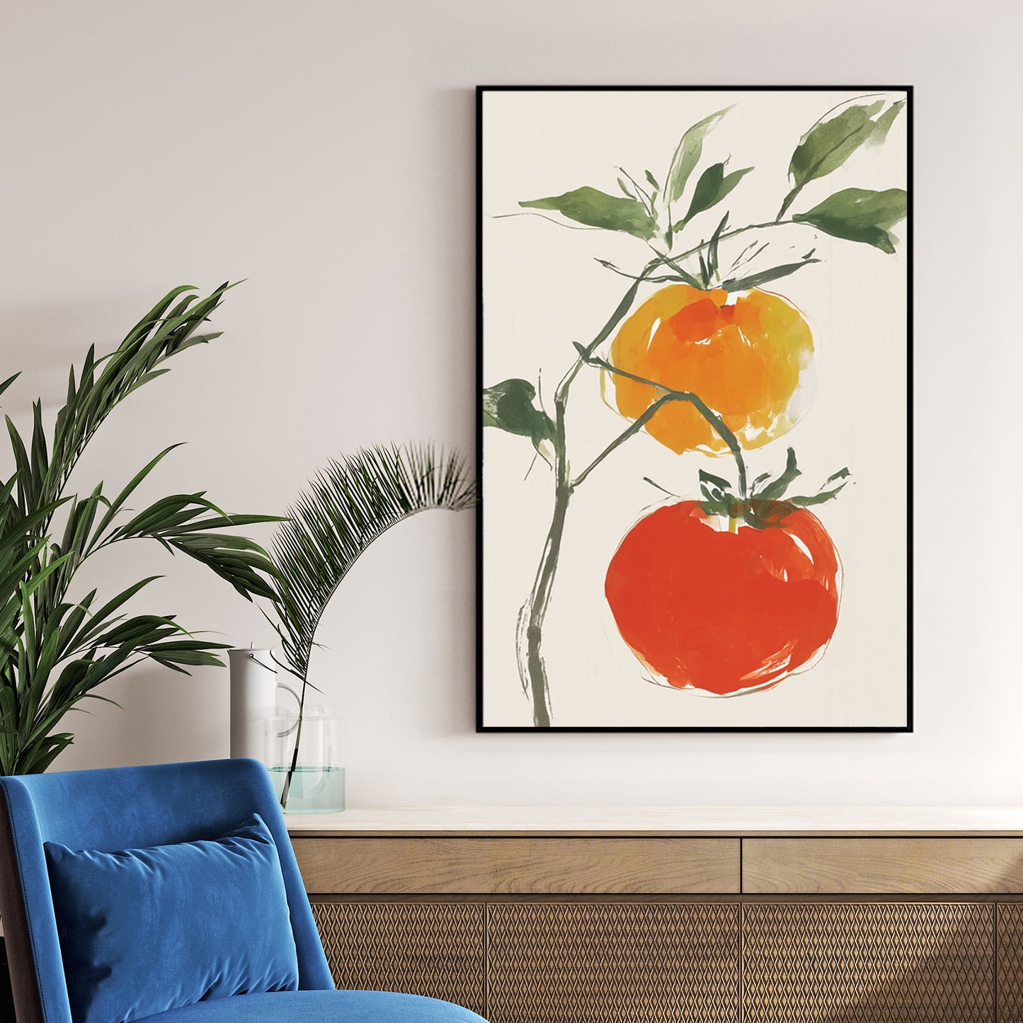 minimal tomato plant wall art with soft brush strokes
