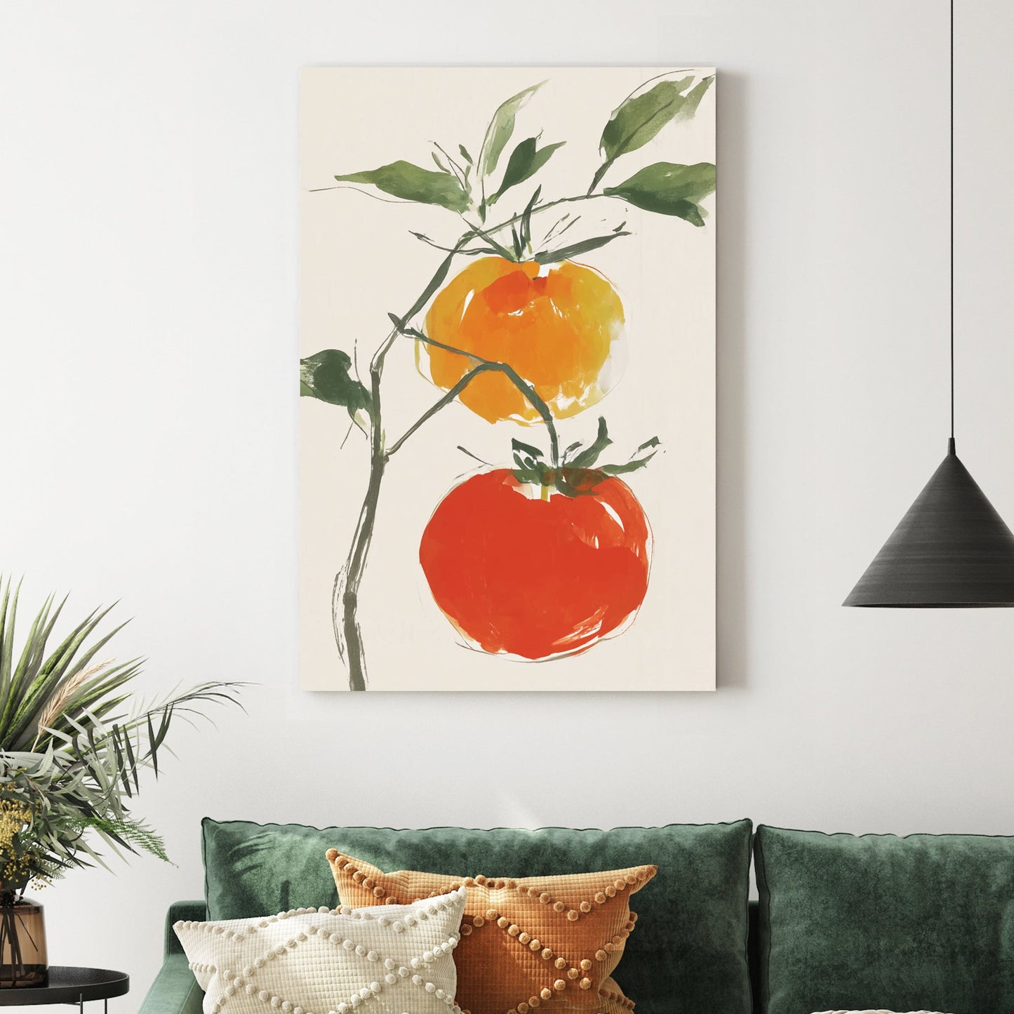 minimal tomato plant wall art with soft brush strokes