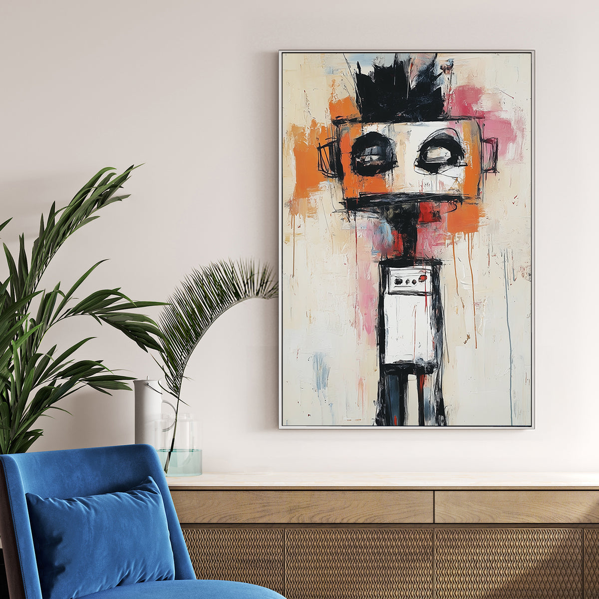 abstract robot figure wall art in basquiat style