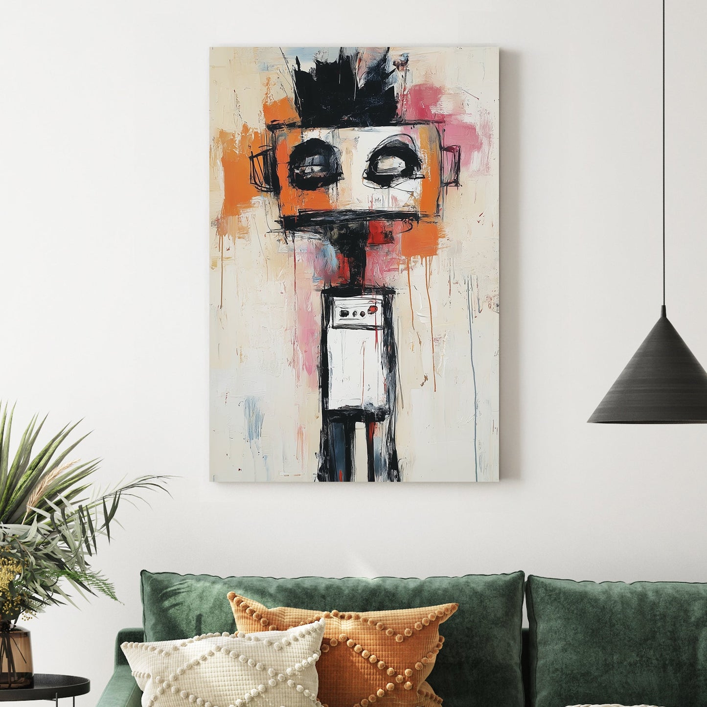 abstract robot figure wall art in basquiat style