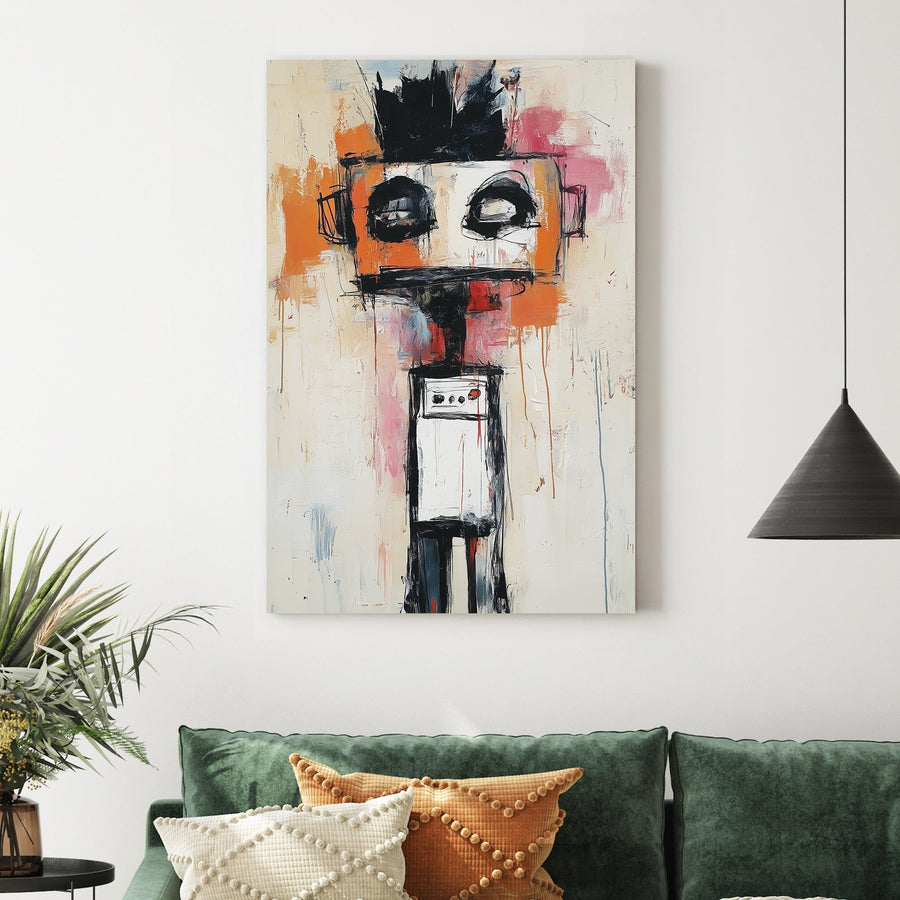 abstract robot figure wall art in basquiat style