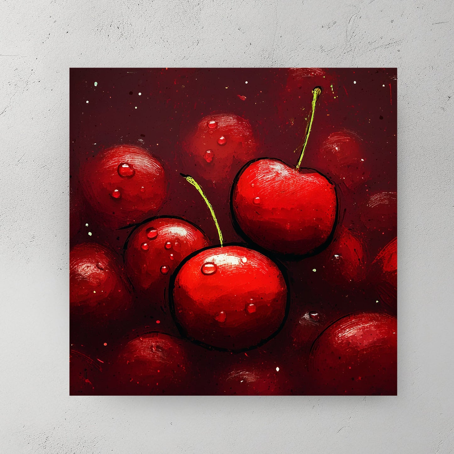 cherry fruit pop art wall print with water droplets