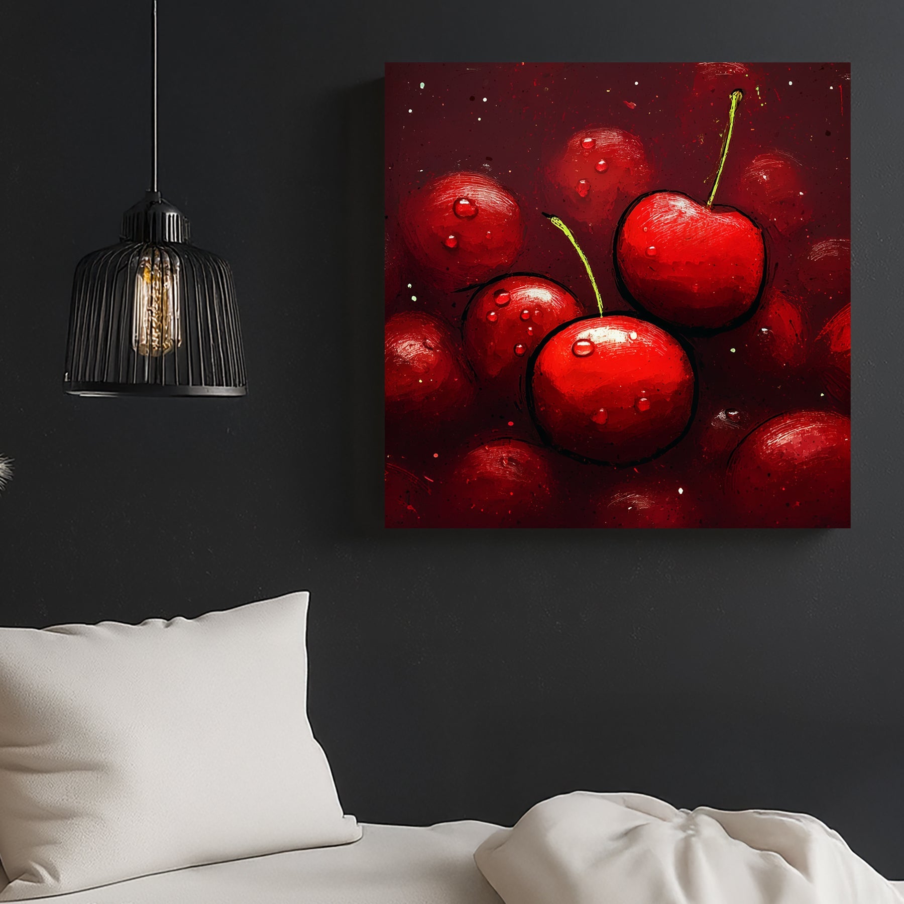 cherry fruit pop art wall print with water droplets