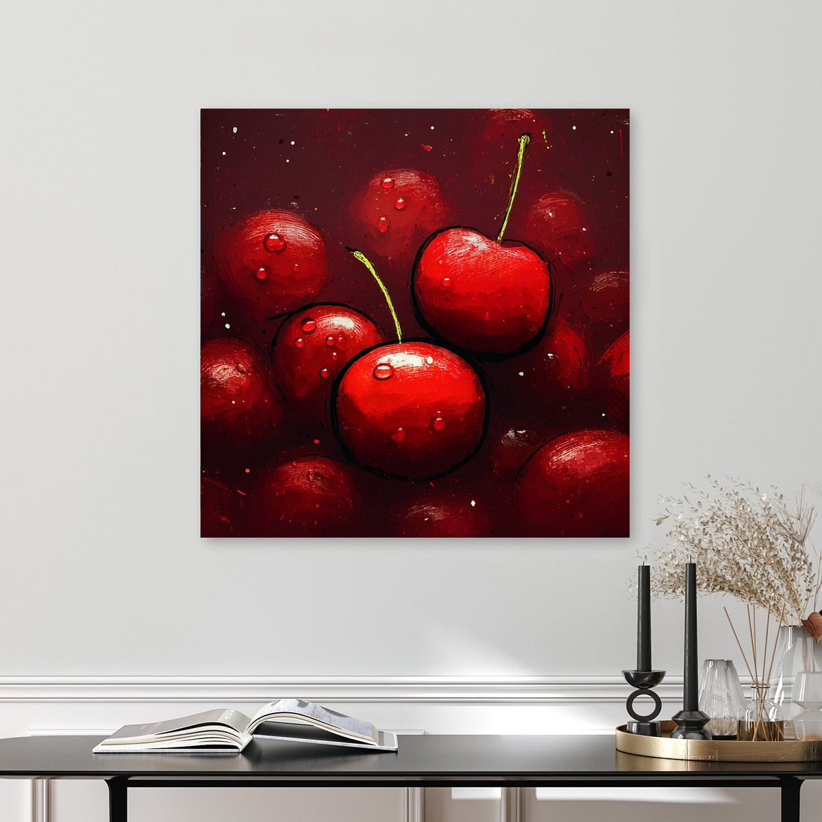 cherry fruit pop art wall print with water droplets