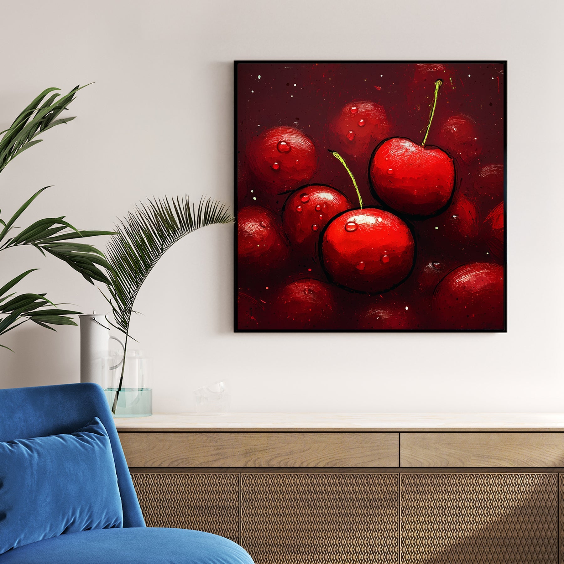cherry fruit pop art wall print with water droplets
