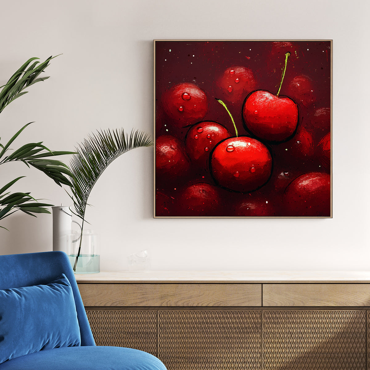cherry fruit pop art wall print with water droplets