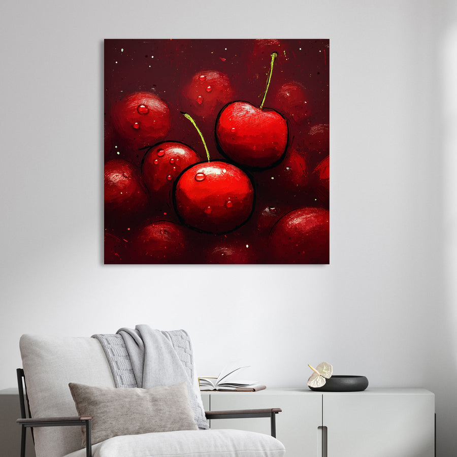 cherry fruit pop art wall print with water droplets