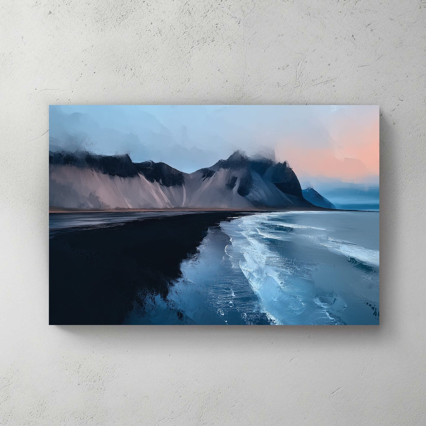 arctic seascape wall art with black sand beach and icy mountains