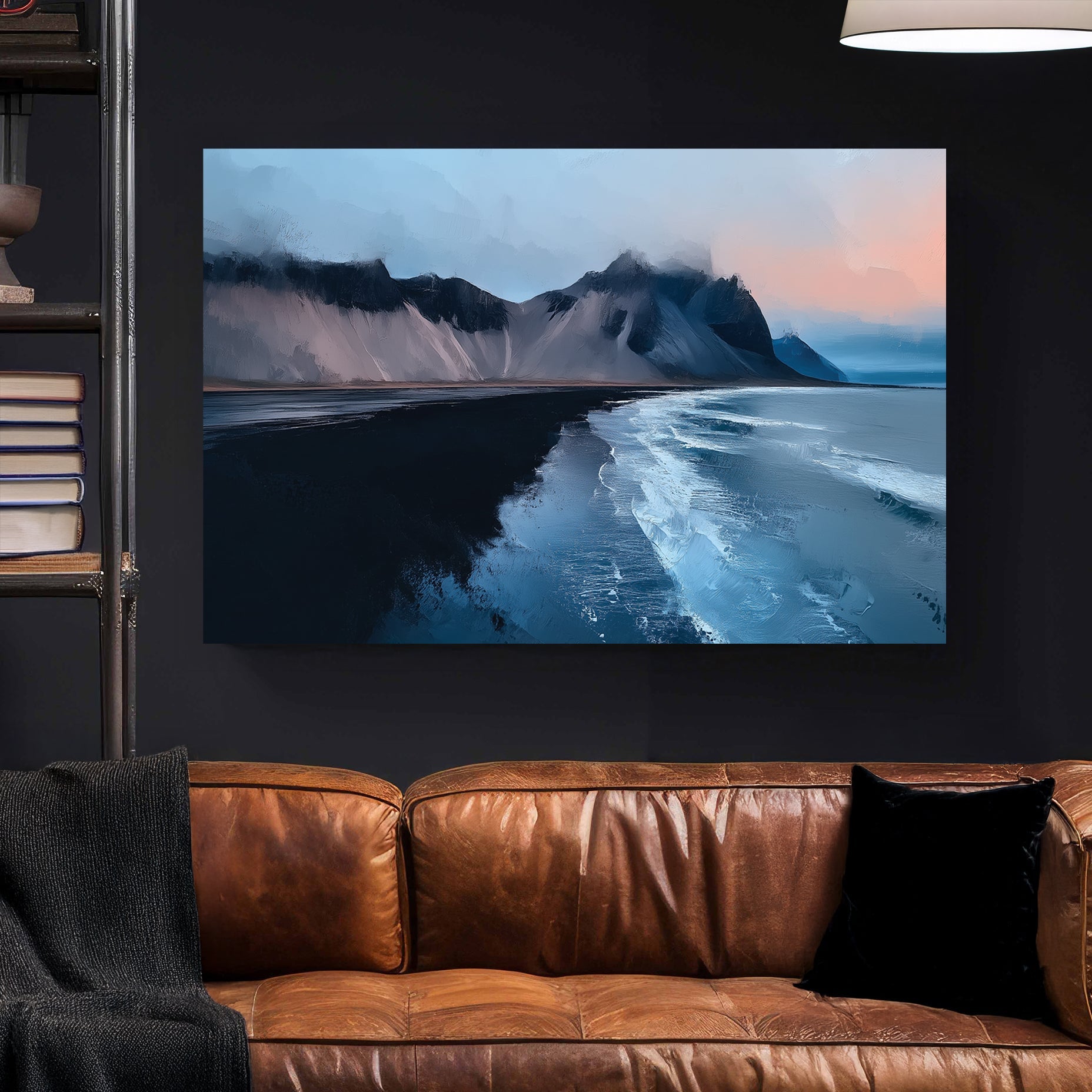 arctic seascape wall art with black sand beach and icy mountains