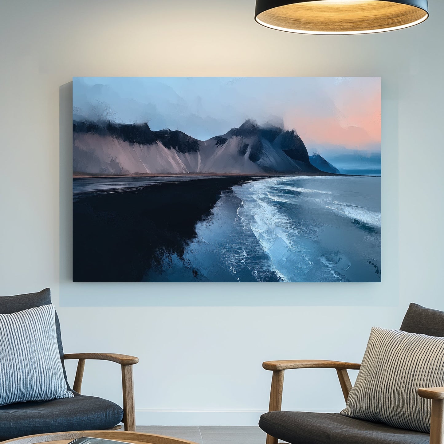 arctic seascape wall art with black sand beach and icy mountains