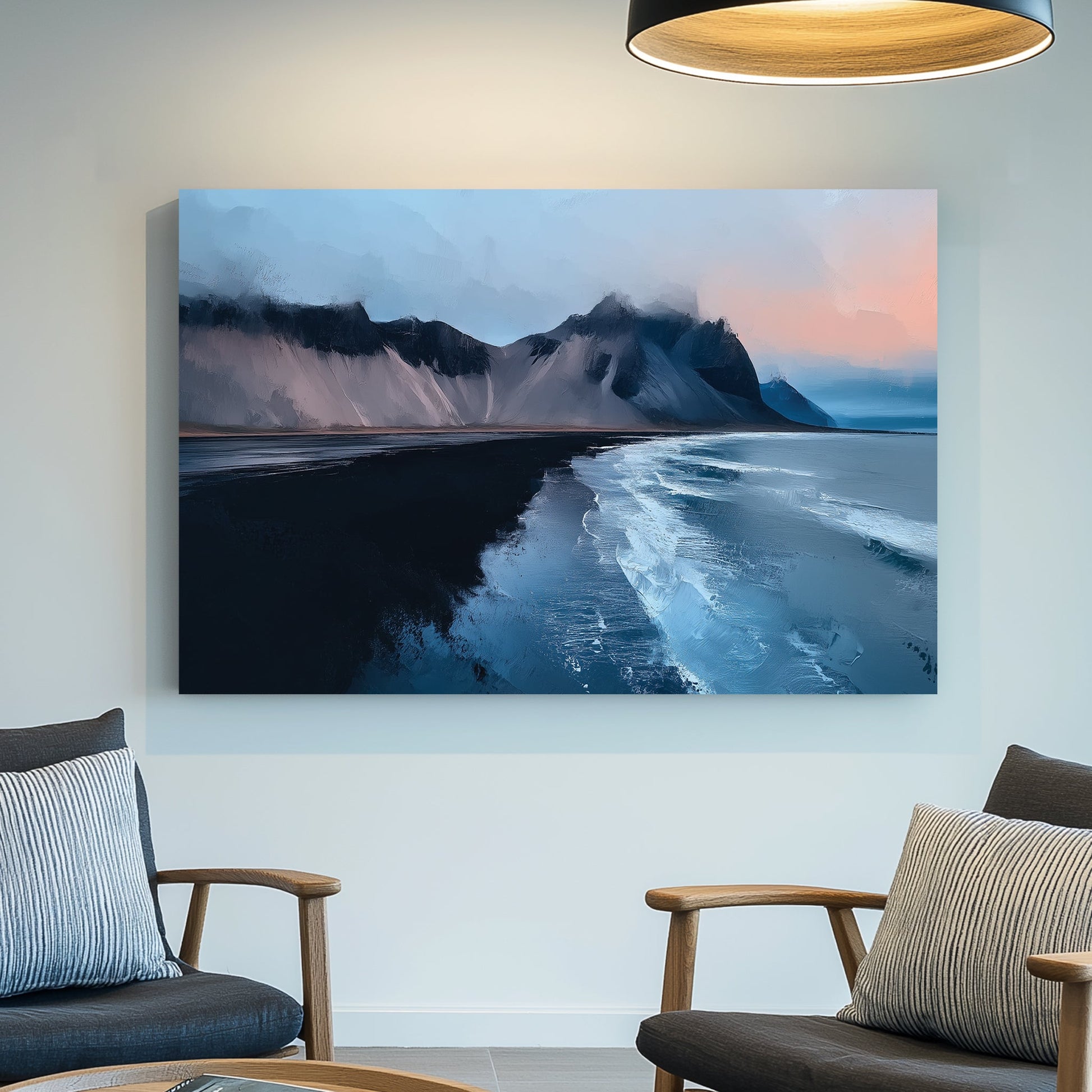 arctic seascape wall art with black sand beach and icy mountains