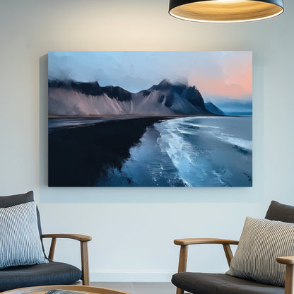 arctic seascape wall art with black sand beach and icy mountains