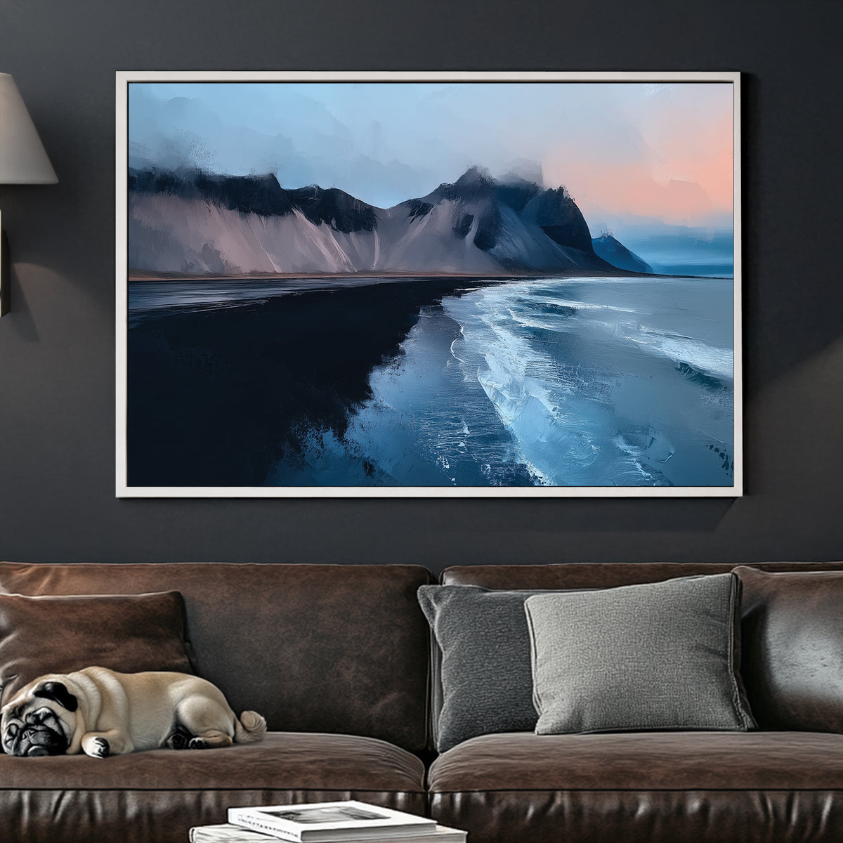 arctic seascape wall art with black sand beach and icy mountains
