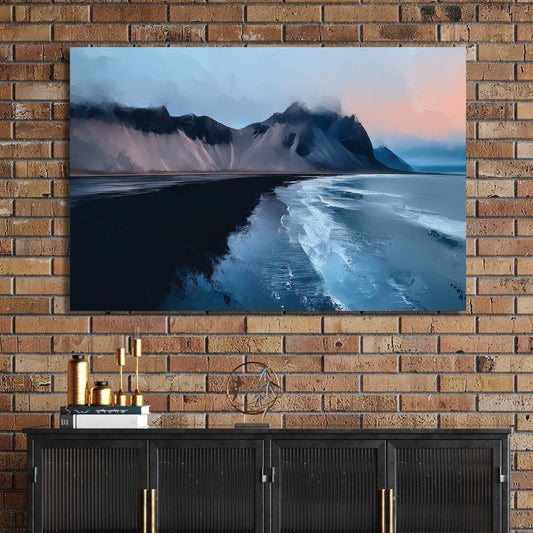 arctic seascape wall art with black sand beach and icy mountains