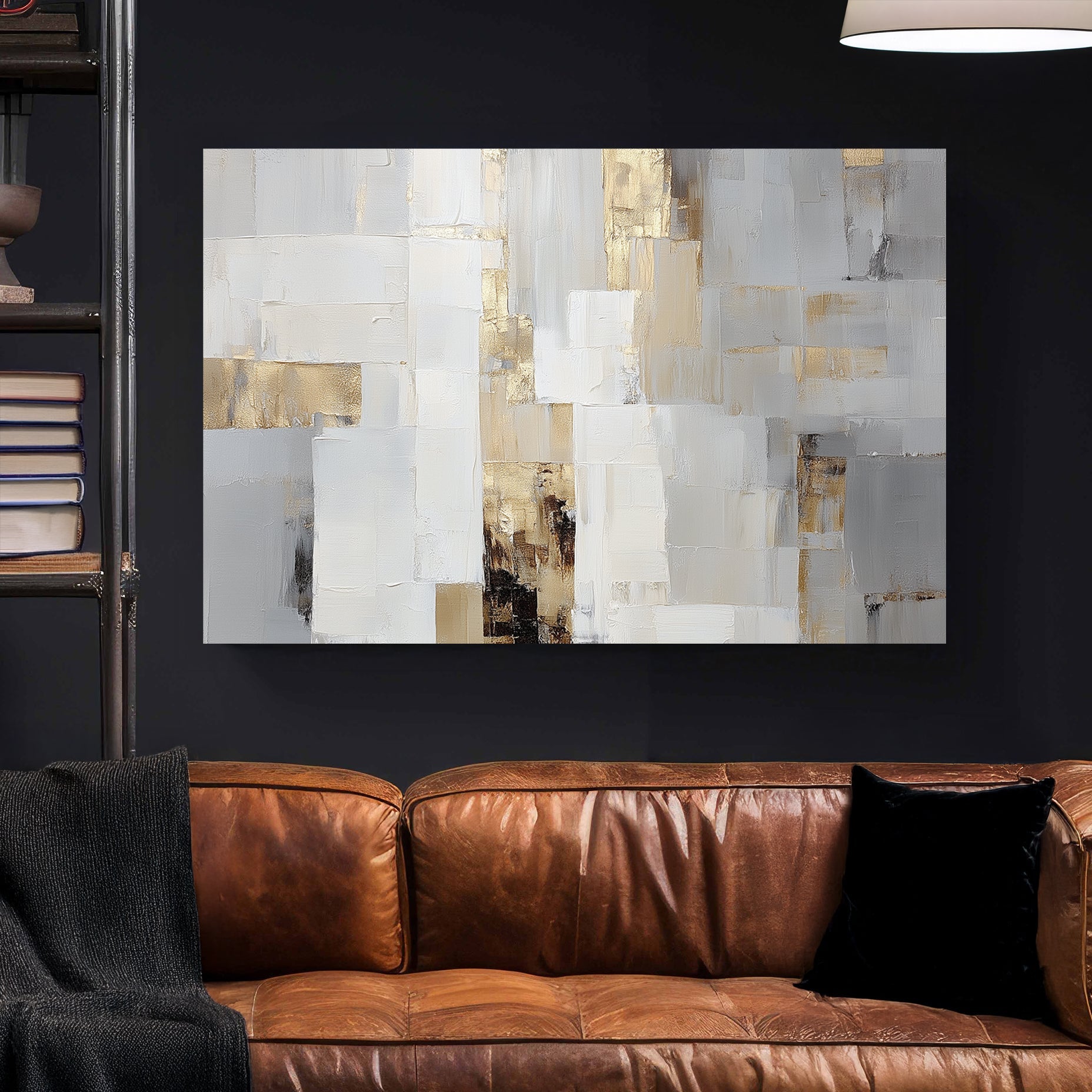 neutral abstract wall art with gold accents and textured brushstrokes