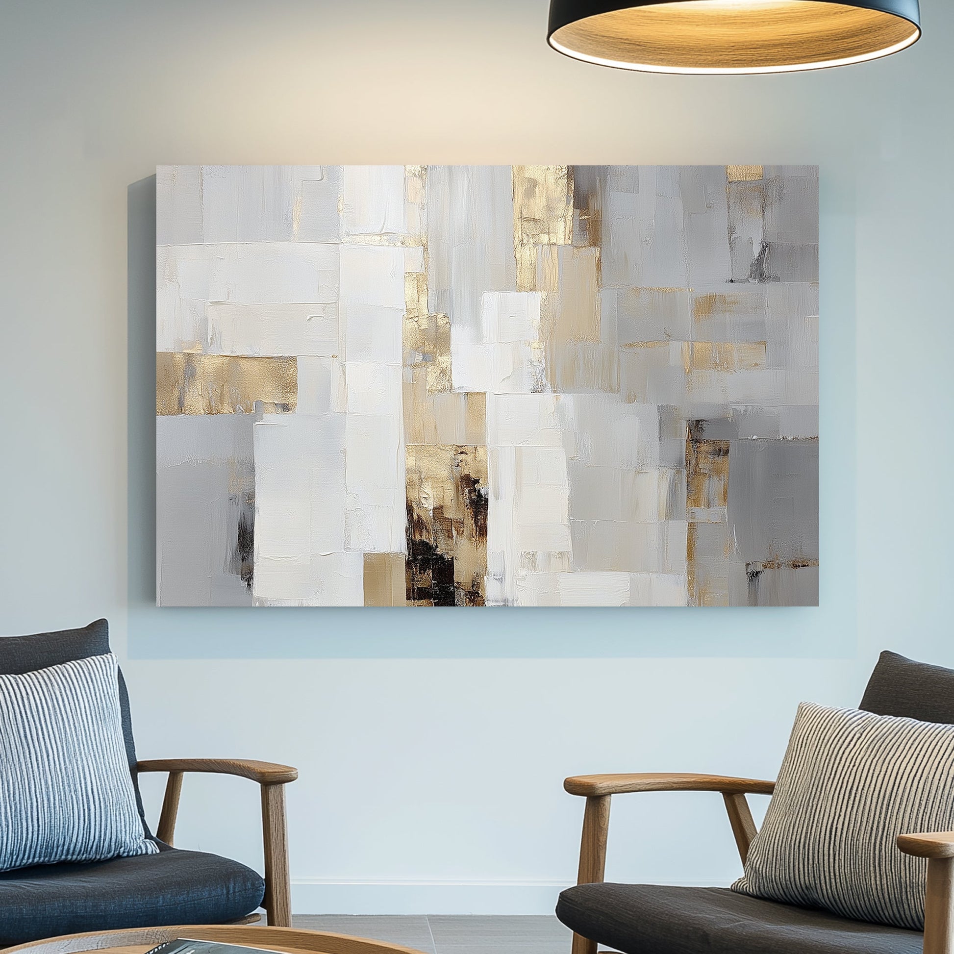 neutral abstract wall art with gold accents and textured brushstrokes