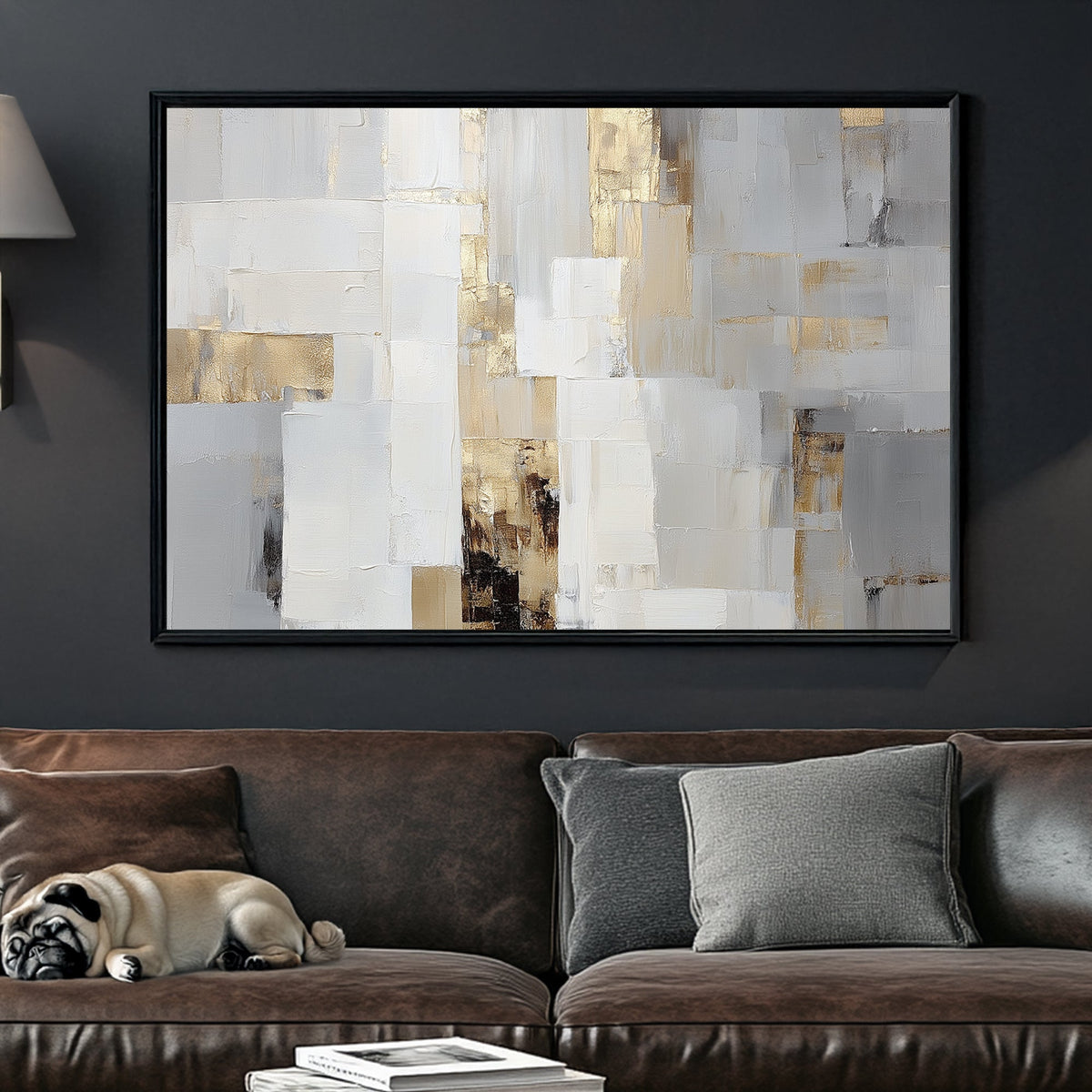 neutral abstract wall art with gold accents and textured brushstrokes