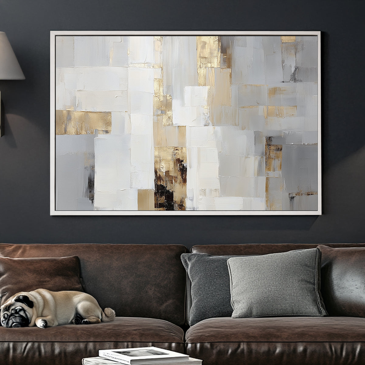 neutral abstract wall art with gold accents and textured brushstrokes