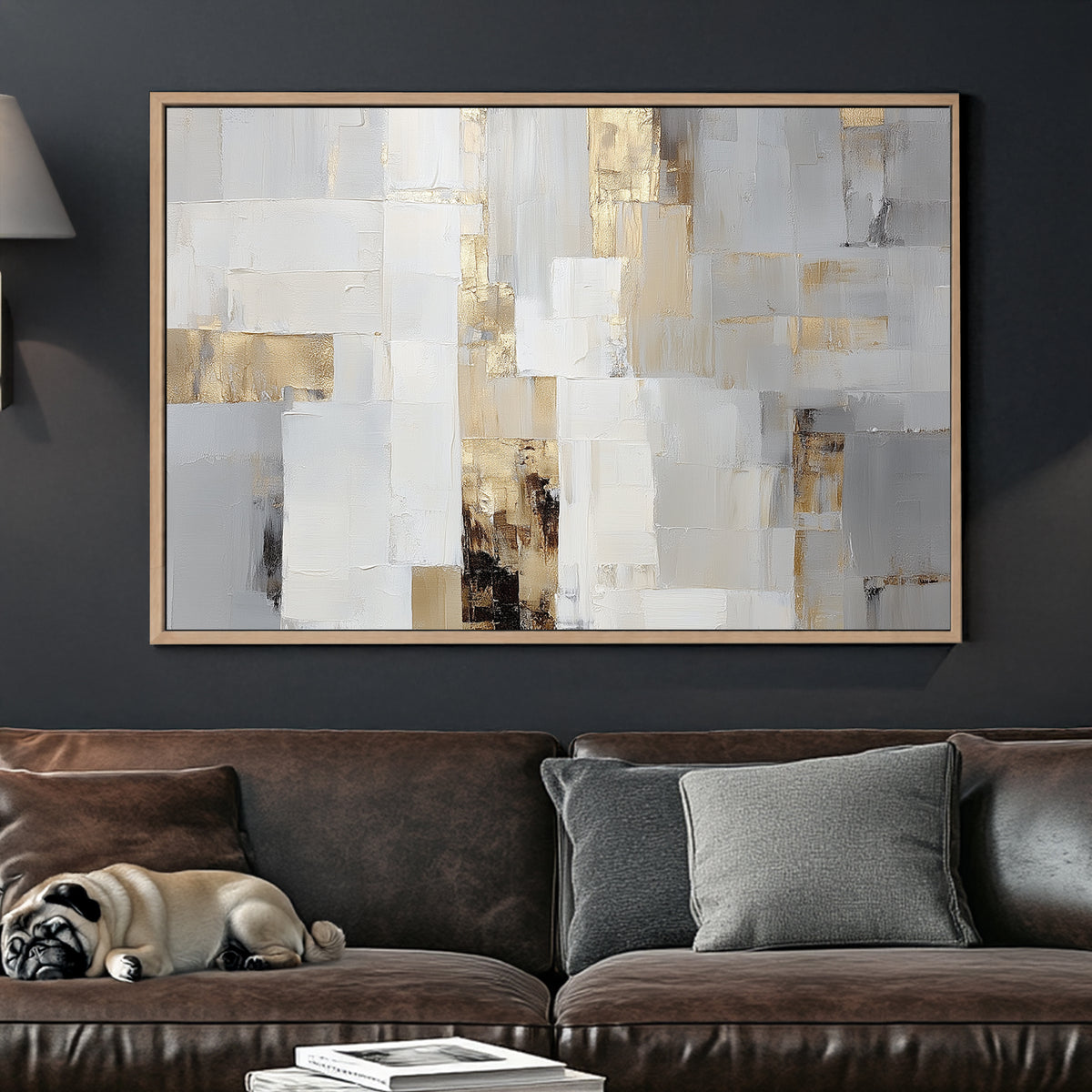neutral abstract wall art with gold accents and textured brushstrokes