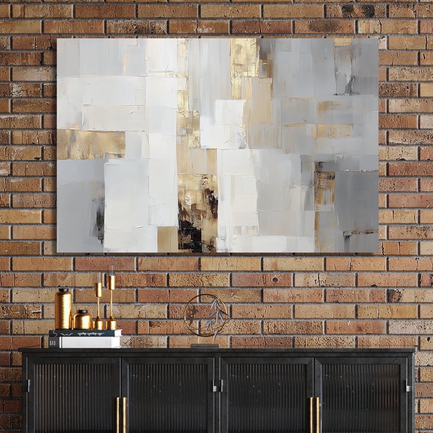 neutral abstract wall art with gold accents and textured brushstrokes