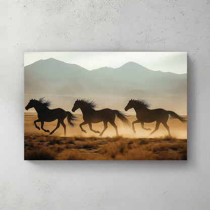 three horses running in desert with mountain background wall art