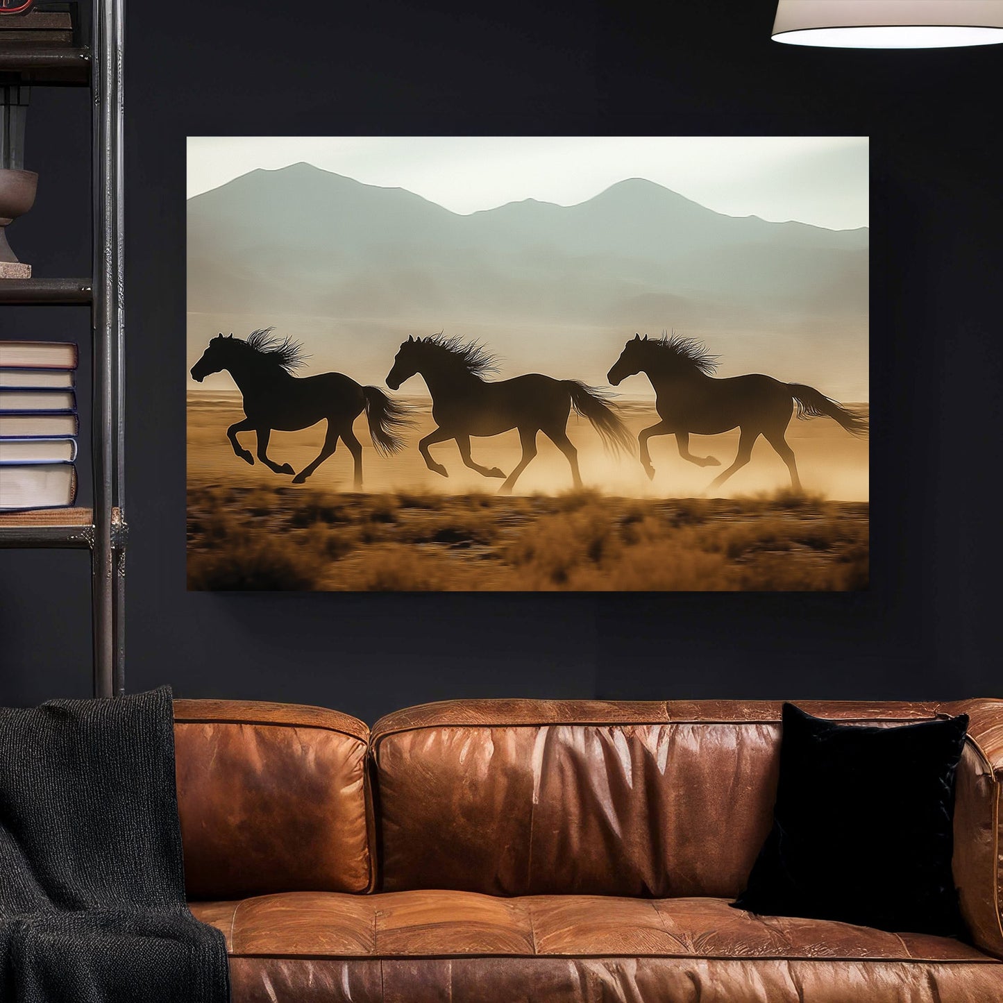 three horses running in desert with mountain background wall art