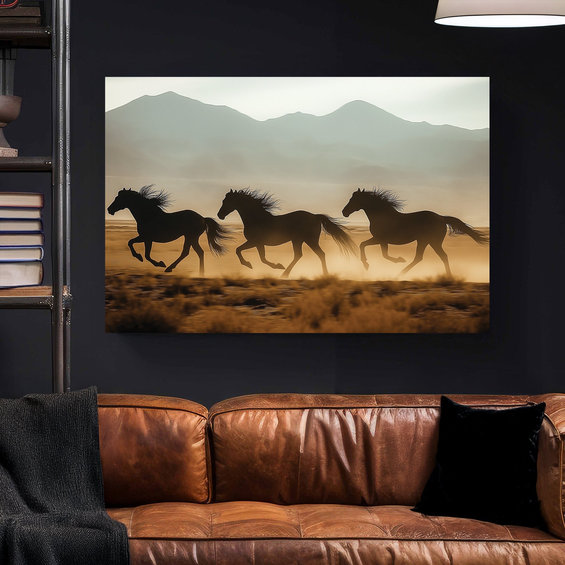 three horses running in desert with mountain background wall art