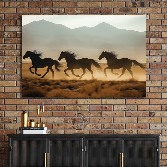 three horses running in desert with mountain background wall art