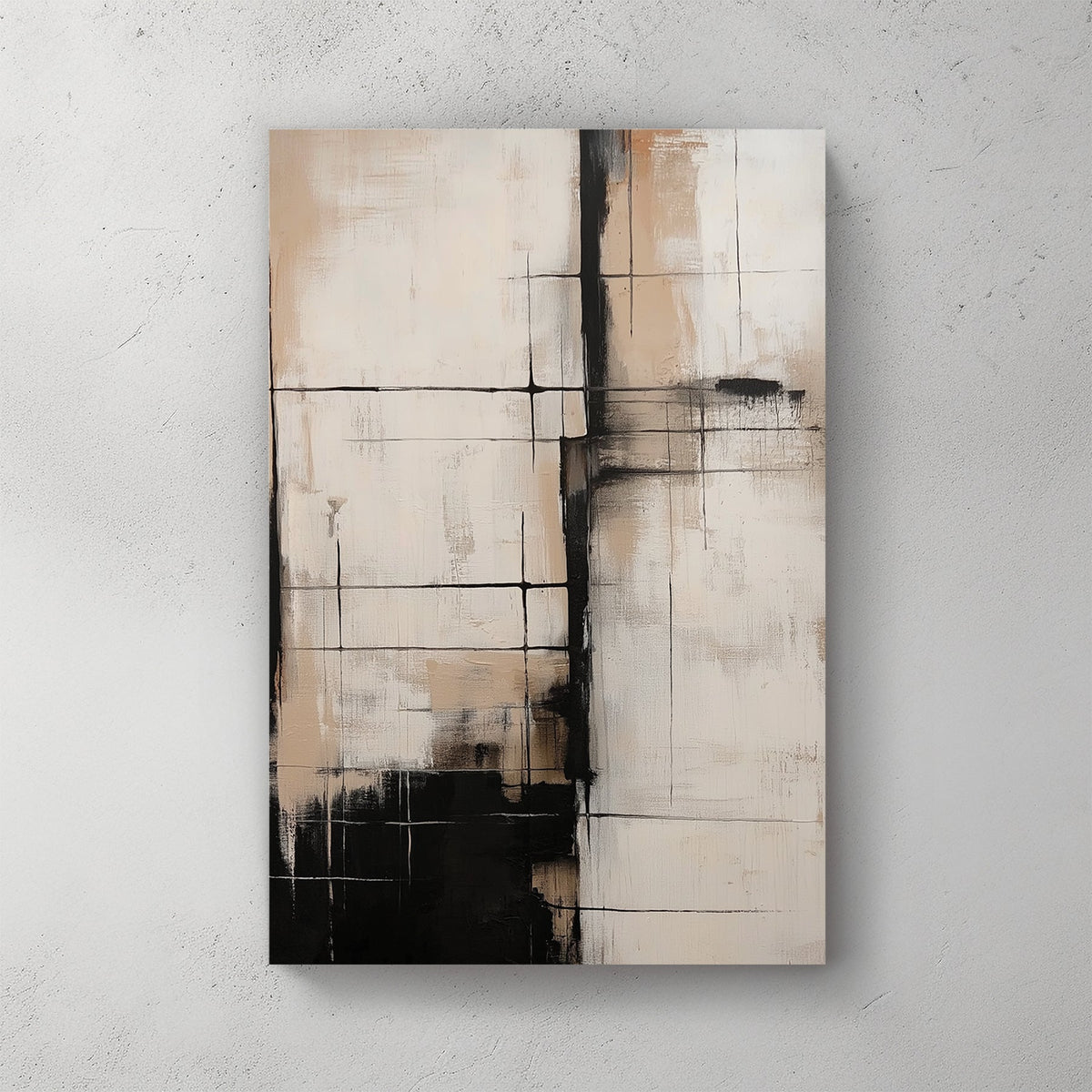 neutral abstract art with black grid lines and beige tones
