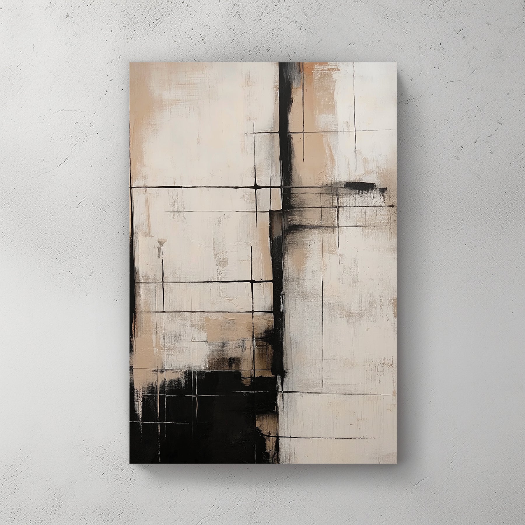 neutral abstract art with black grid lines and beige tones
