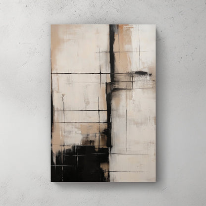 neutral abstract art with black grid lines and beige tones