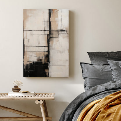 neutral abstract art with black grid lines and beige tones