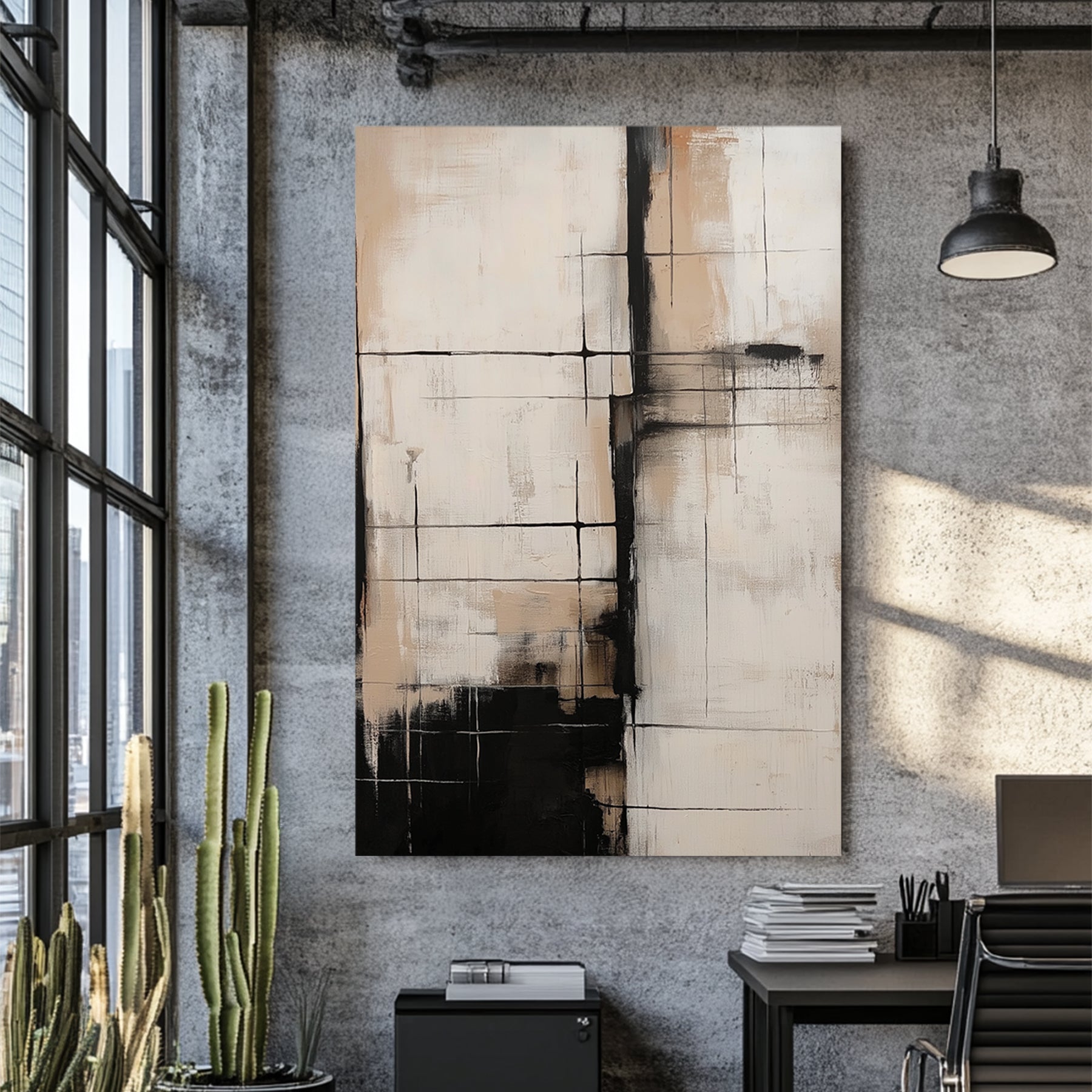 neutral abstract art with black grid lines and beige tones