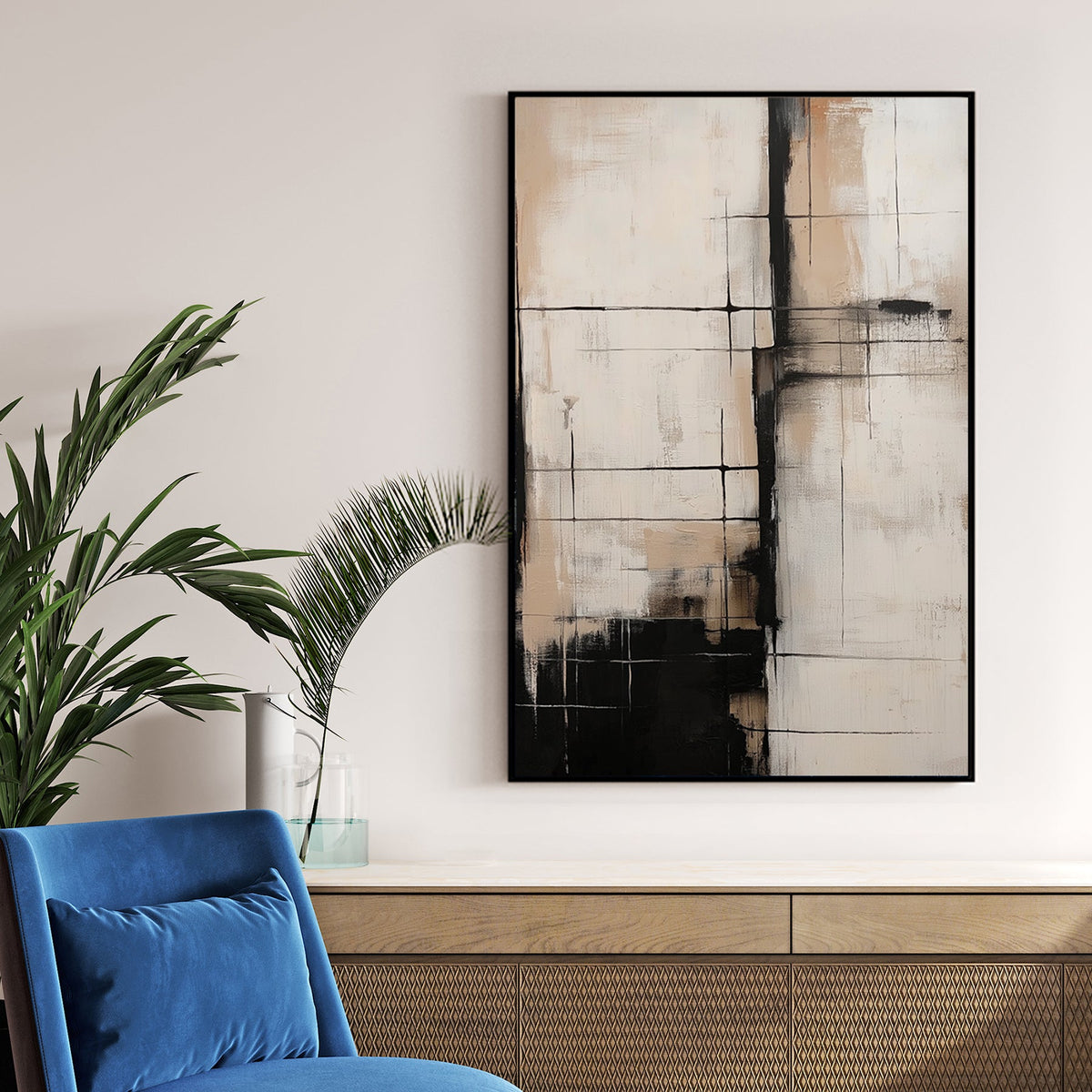 neutral abstract art with black grid lines and beige tones
