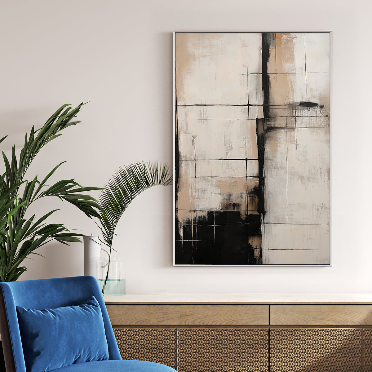 neutral abstract art with black grid lines and beige tones