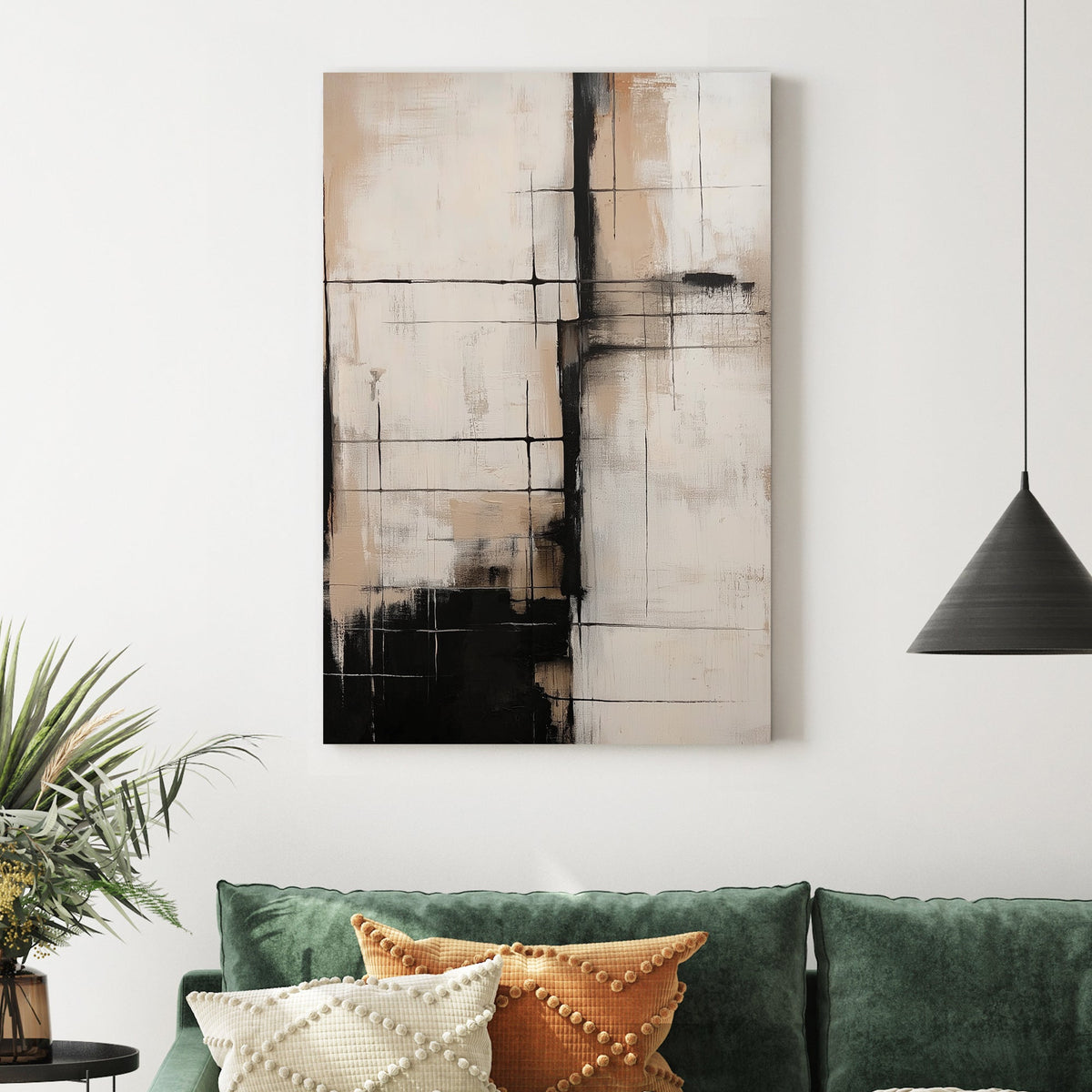 neutral abstract art with black grid lines and beige tones