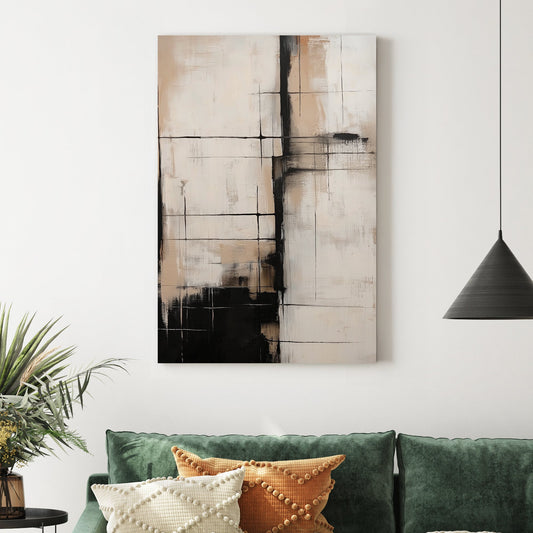 neutral abstract art with black grid lines and beige tones