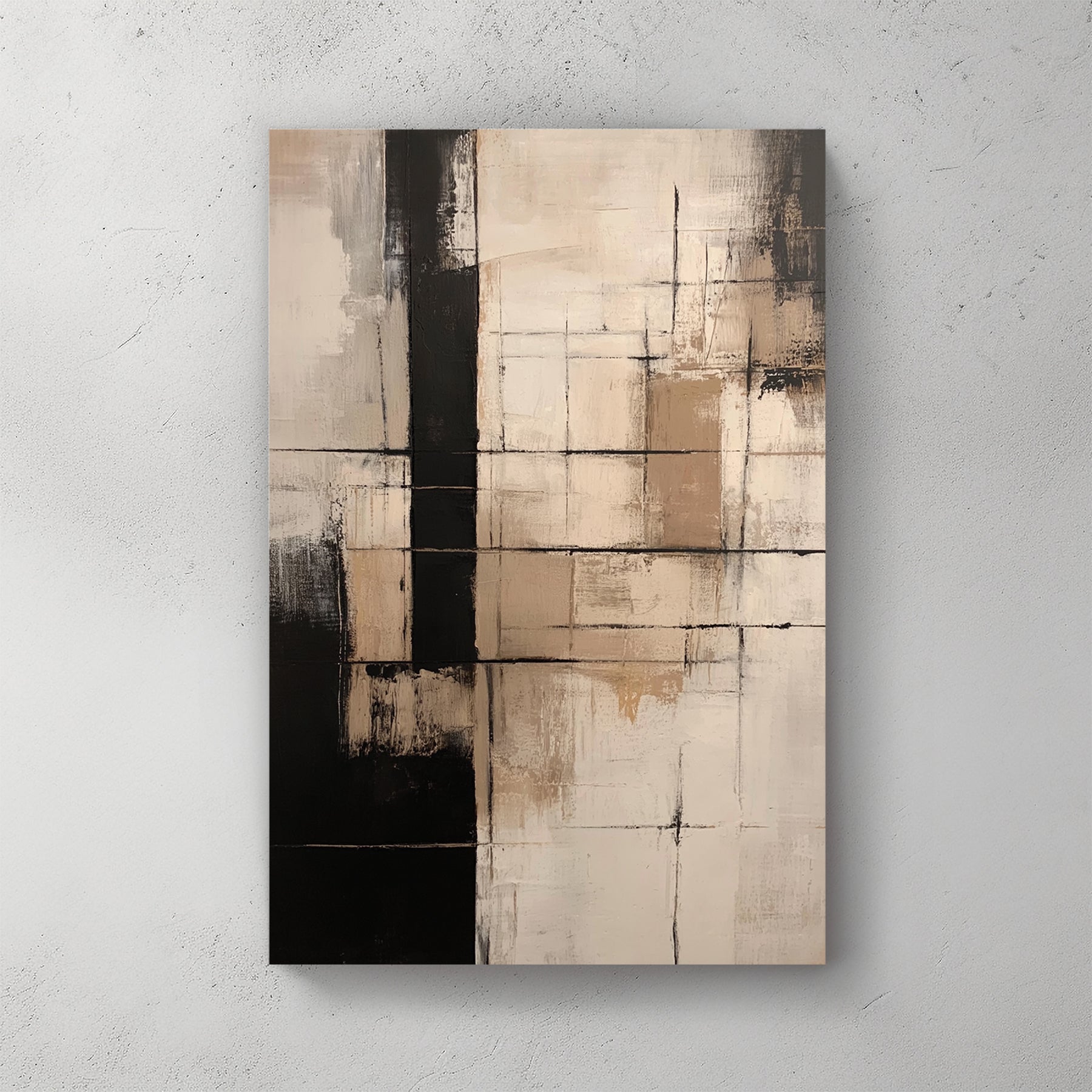 abstract geometric painting in neutral beige and black tones