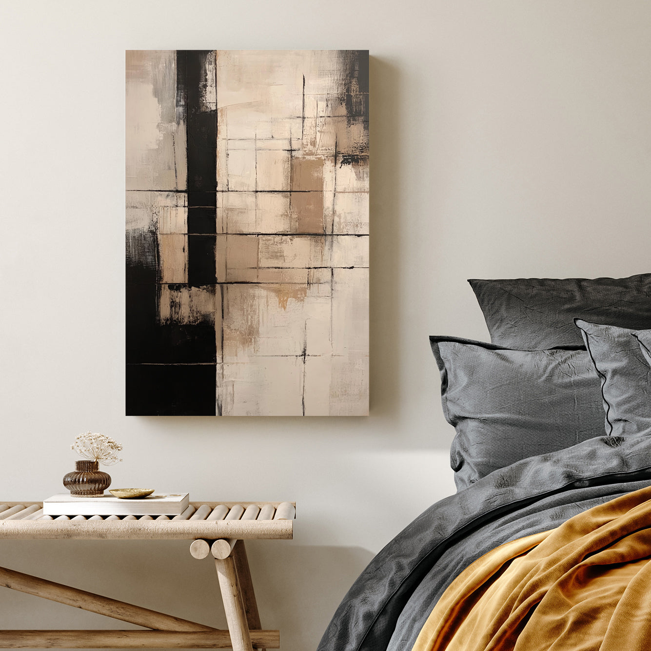 abstract geometric painting in neutral beige and black tones