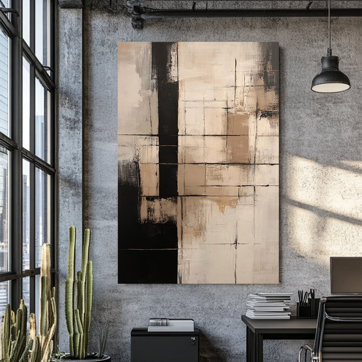 abstract geometric painting in neutral beige and black tones