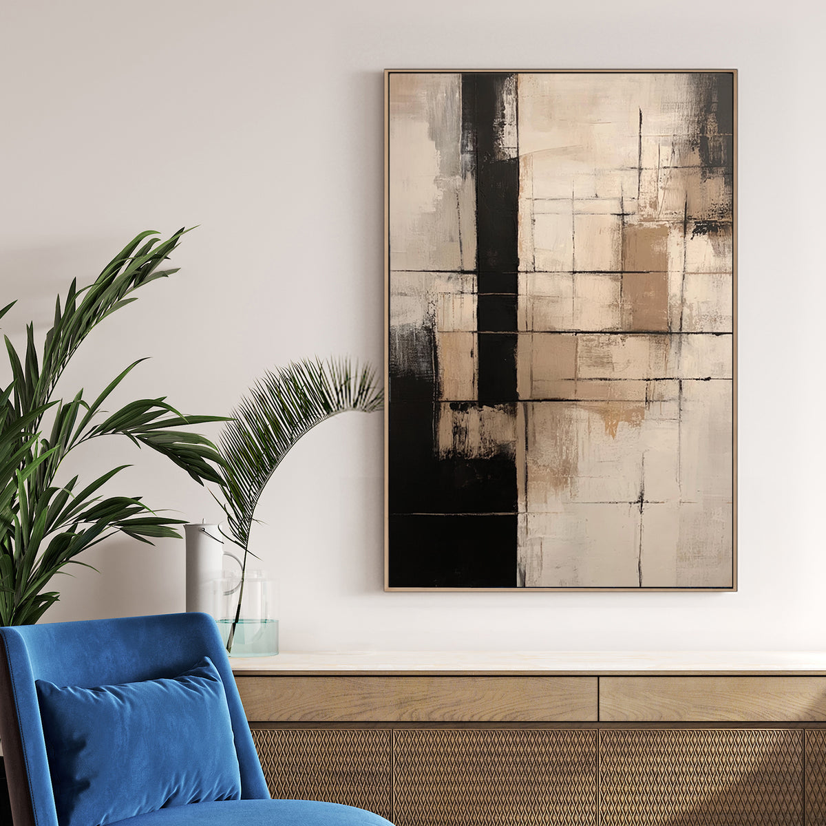 abstract geometric painting in neutral beige and black tones