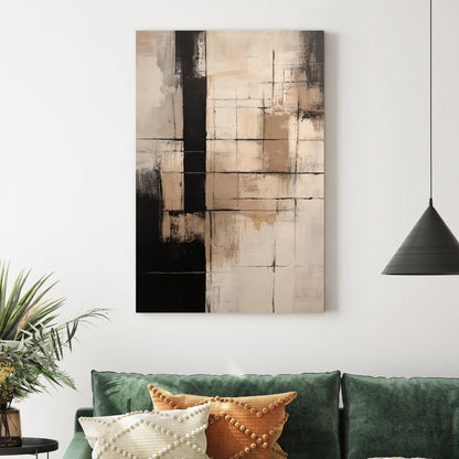 abstract geometric painting in neutral beige and black tones